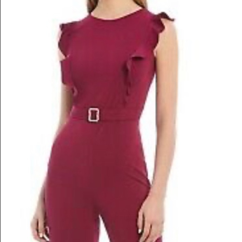 Betsy Johnson Ruffle Cap Sleeve Pearl Buckle Detail Wide Leg Jumpsuit